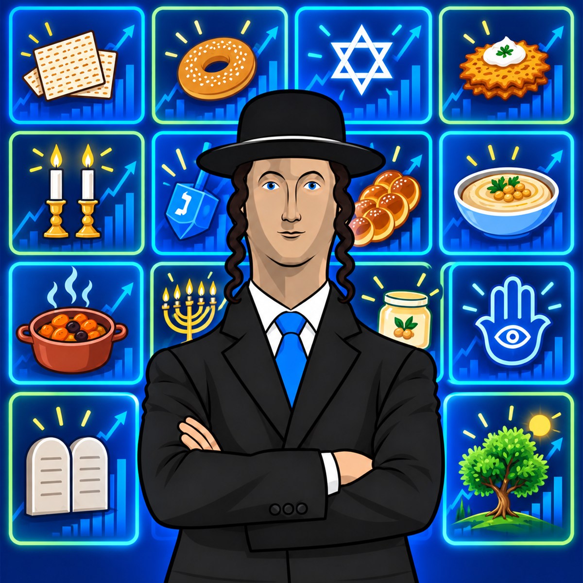 Jew Season character standing before a wall of glowing market cards