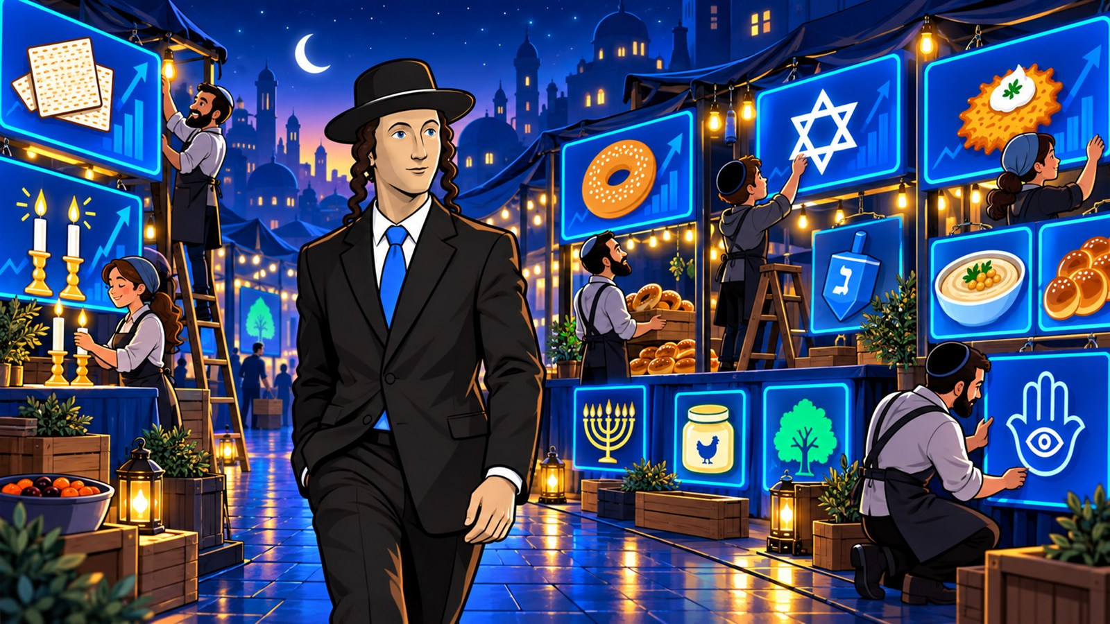 The Jew Season crew preparing a glowing midnight market