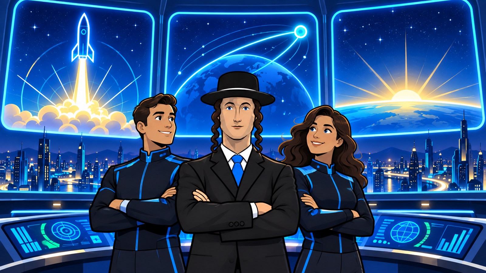 Jew Season crew in a futuristic observatory watching launch, orbit, and horizon
